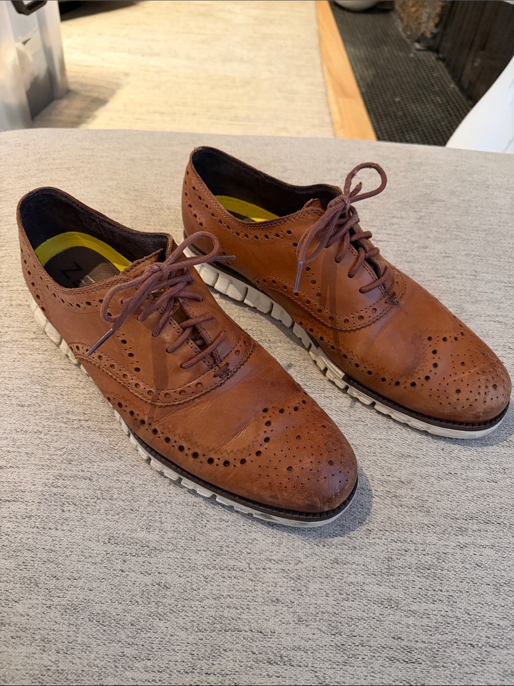 Cole Haan Brown Leather Wingtip Oxfords with White Trim Sole
